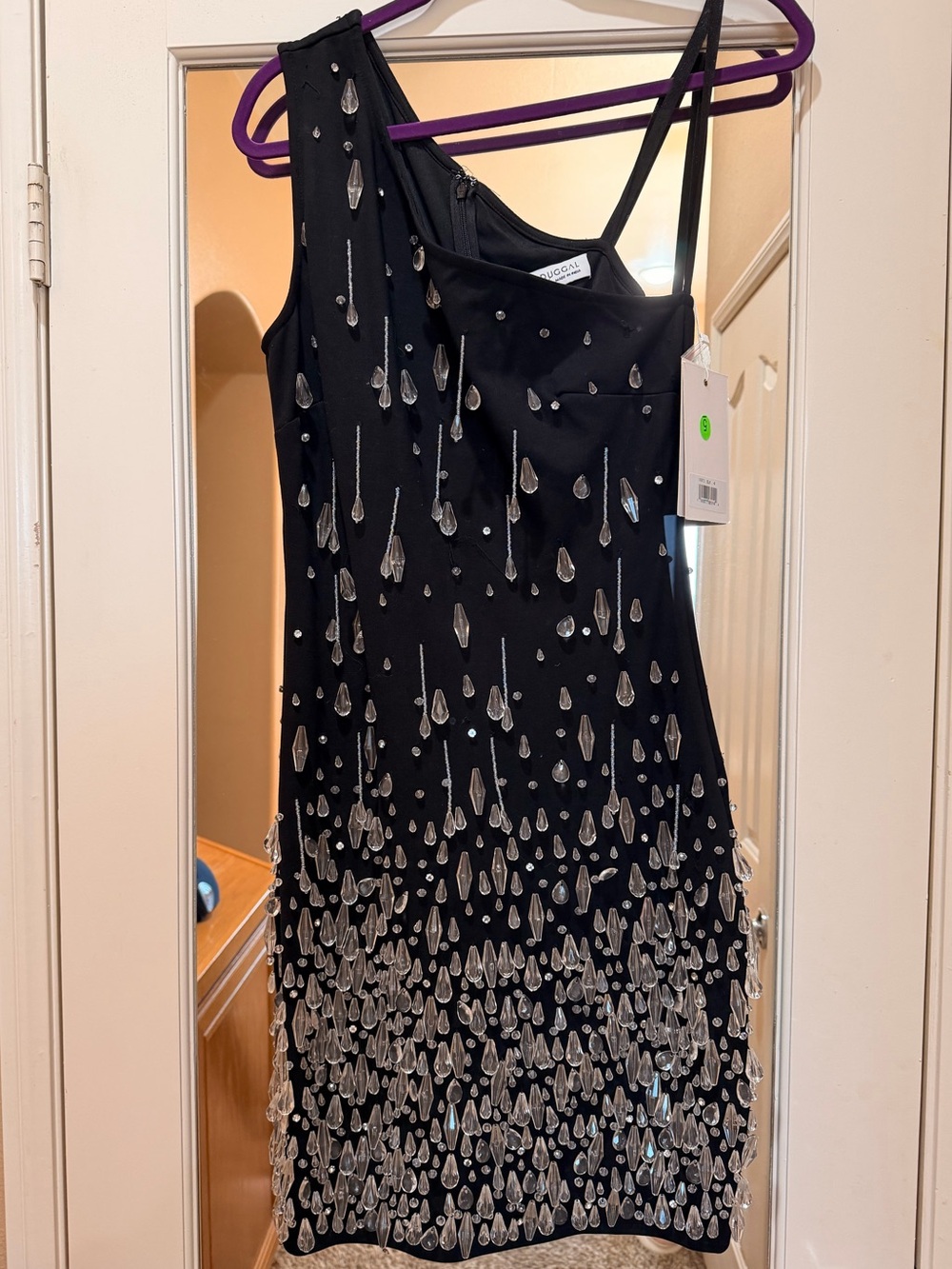 Mac Duggal Black One-Shoulder Dress with Crystal Teardrop Embellishments